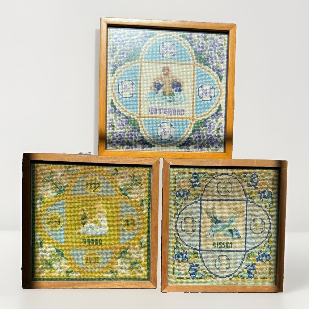 Vintage Cross Stitch Dutch Zodiac Signs Set Of 3 Virgo, Pisces and Aquarius Rare